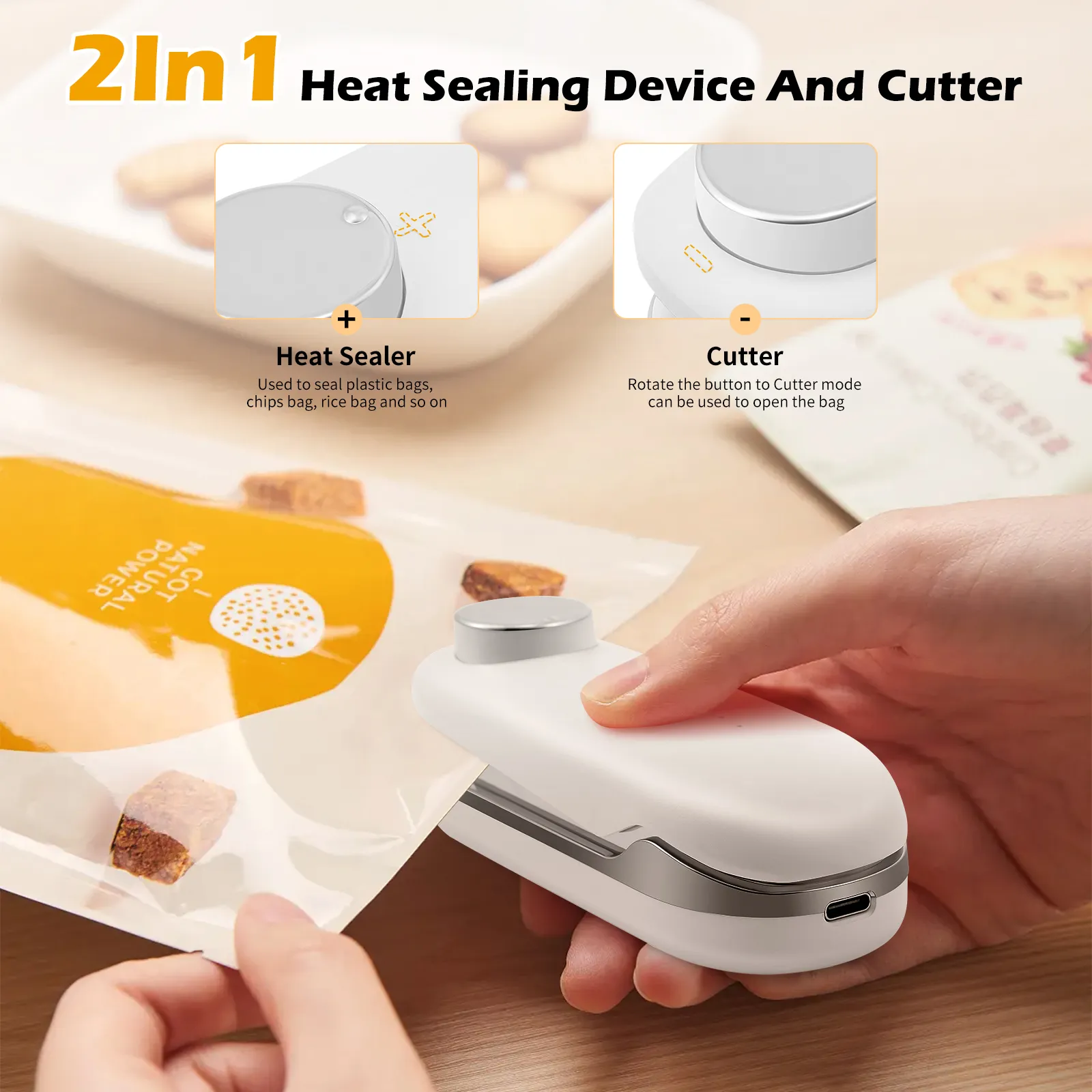 2-in-1 Mini Bag Sealer With Cutter - USB-C Rechargeable Heat Sealer For Snacks & Food Storage
