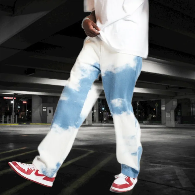 Men's Sky Blue Tie Dye Print Denim baggy pants - Loose