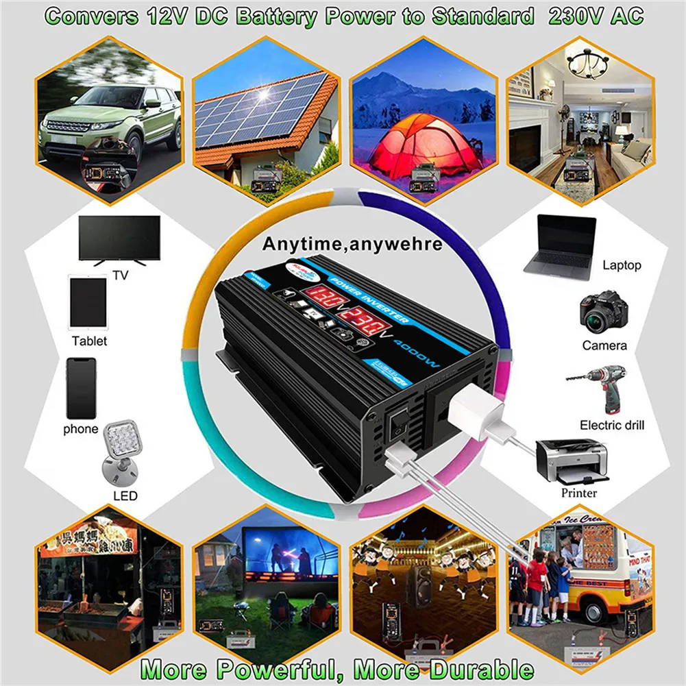 300/4000W Full Sinus Inverter Car Voltage Converter 12V DC to AC 110/220V Car Power Inverter LCD Display Inverter Pure Sine Wave