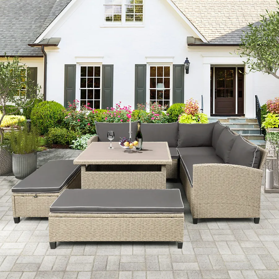 Outdoor Wicker Rattan Sectional Sofa Set Forth With Table And Benches For Patio Backyard Garden And Poolside From Homepro7 1 592.24 DHgate.Com