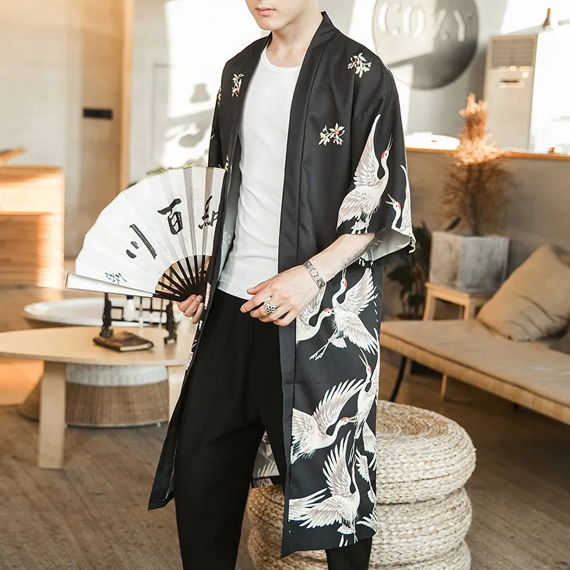Kimono Japonais Homme Haori - Noir - Coton - Taille Unique Ajustable - Déguisement Samouraï Ou Veste Décontractée - 3