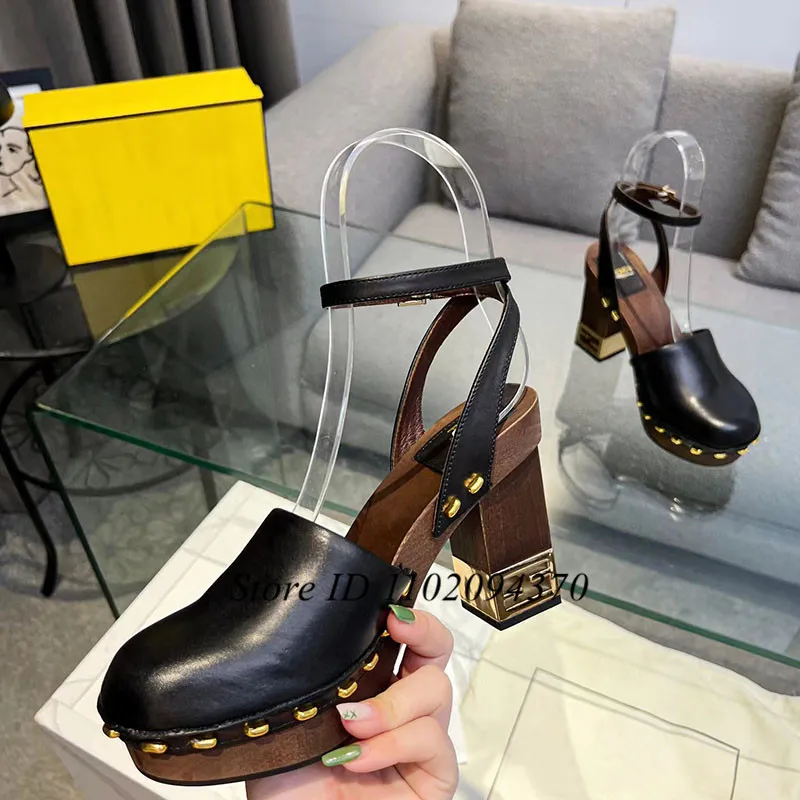 Women's Retro Brown Leather Ankle Strap Platform Clogs with Wooden Sole and  High Heel