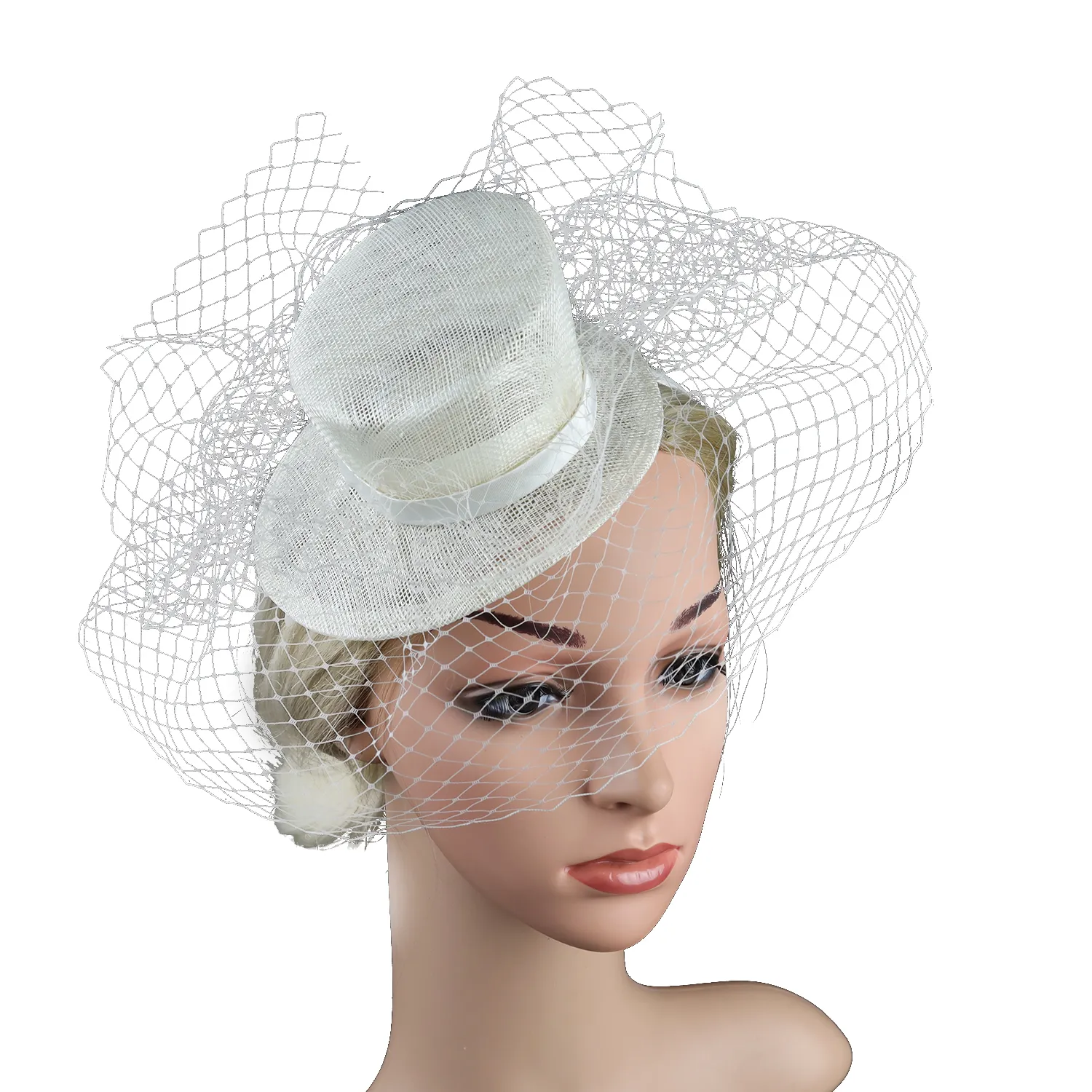 Elegant White Lace Veil Feather Fascinator Hat Kentucky Derby Tea Cockta… kentucky derby hat fascinator gray satin with netting and  main image 3