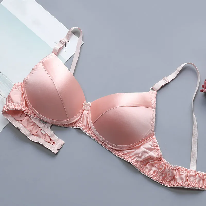 Ultra-Thin Mulberry Silk Push Up pink lace bra - Breathable Satin Lingerie for Women and Girls