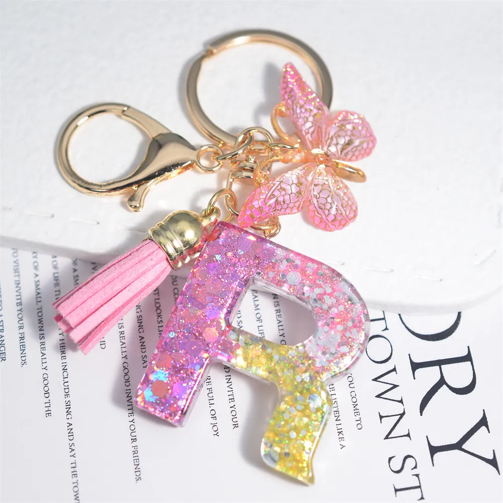 Resin Letter Keychain w/ Glitter Butterfly for Womens Purses, Bags