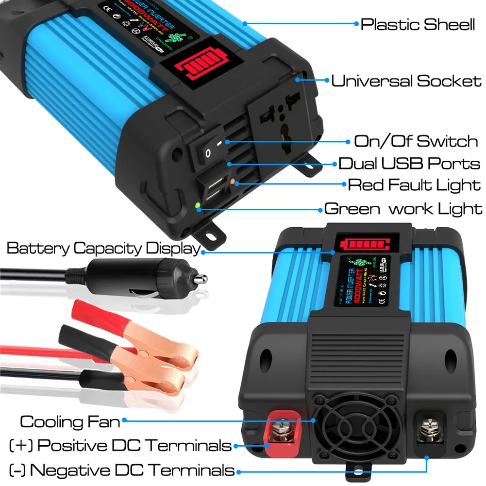 6000W Car Power Inverter LED Voltage Capacity Display Transformer Converter 12V to 110/220V Dual USB Inverter for Car Appliances