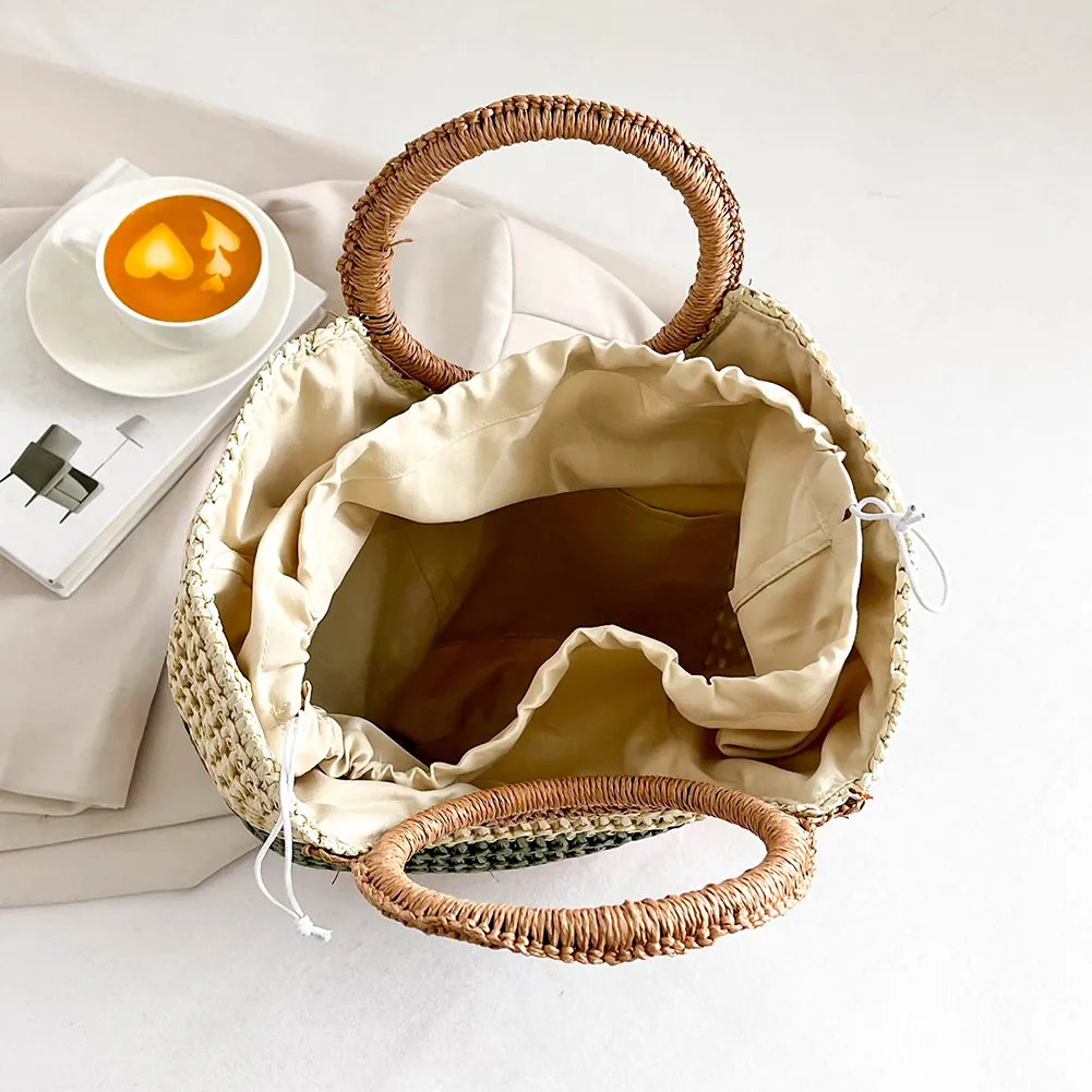 Boho Handmade Straw Bags For Women Large Drawstring Basket Handbags With Crochet Top Handle For Summer Beach Straw Beach Tote From Coisinistore 10.06 DHgate.Com