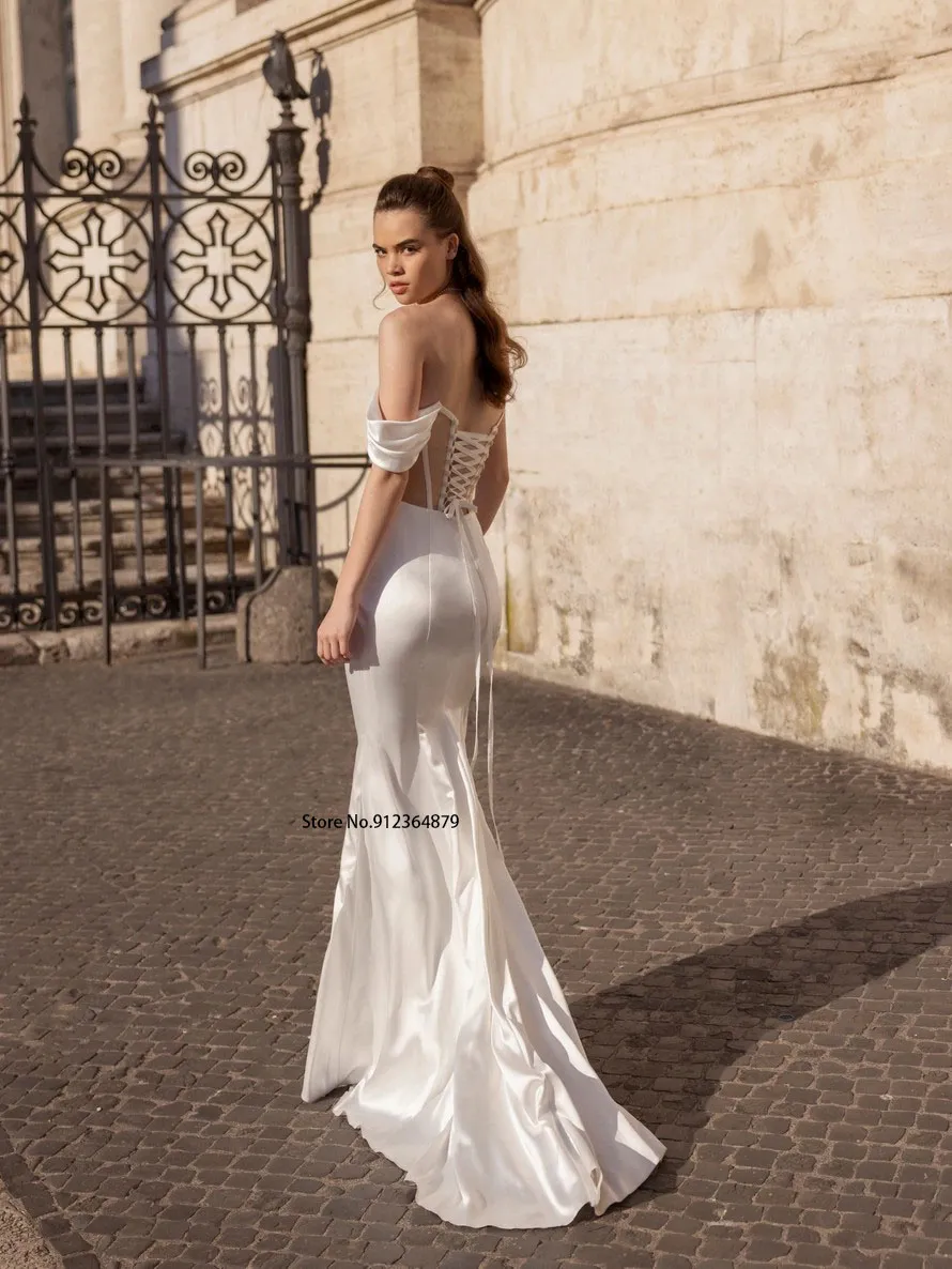strapless open back dress Ivory One-Shoulder Organza Mermaid Wedding Dress-Bridelily