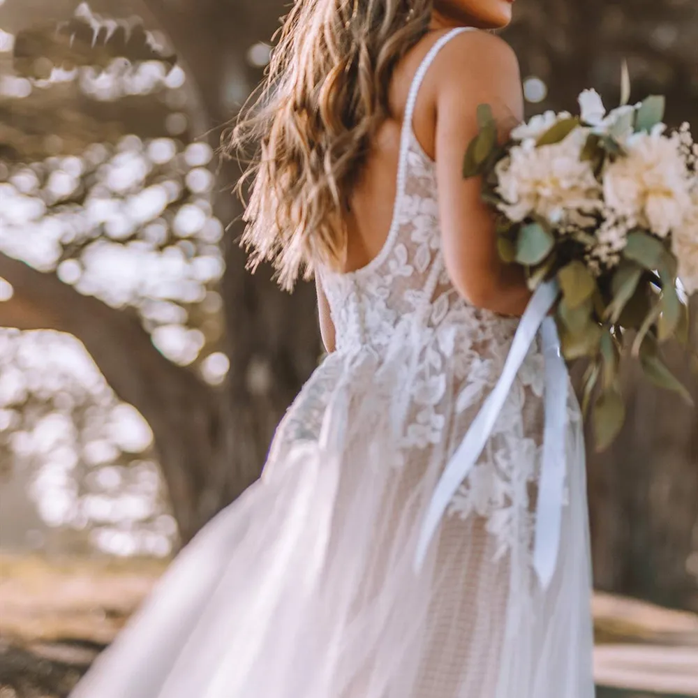 Boho A-line Spaghetti Strap Lace Appliques Tulle Bridal Gown for Women  Engagement from Dhgate Designer Wedding Dresses - price 89.46