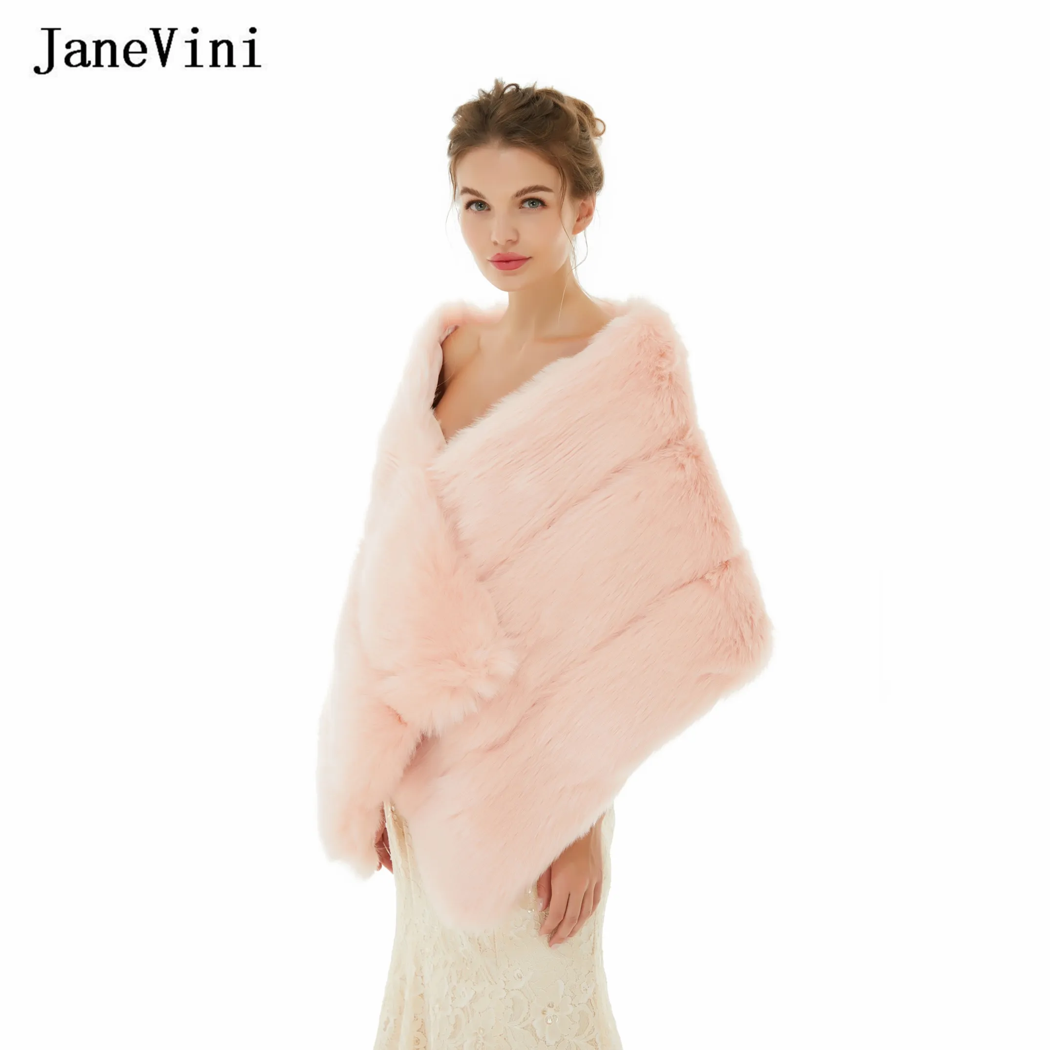 JaneVini New Winter Women Fur Cape Light Pink Wedding Faux Fur