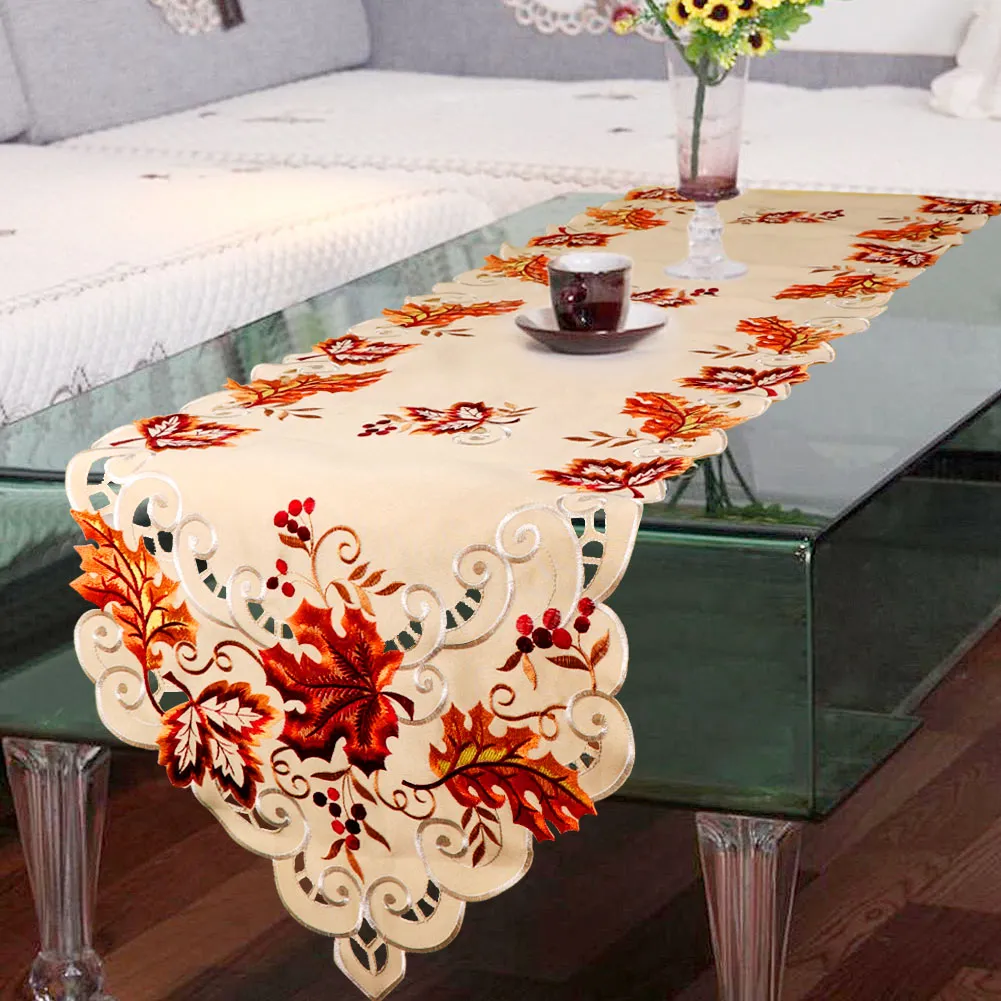 Thanksgiving Table Runner Embroidered Maple Leaves Fall Harvest Party  Dresser Scarf Decor
