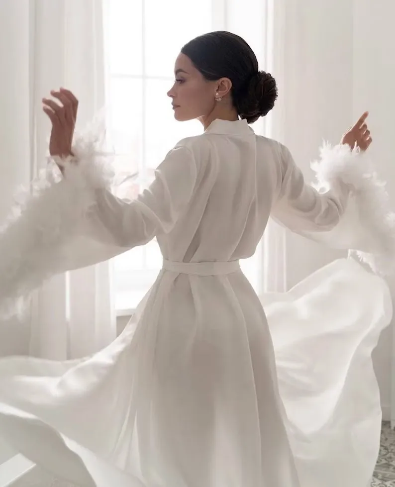 silk dressing gown with feather trim Pink feather bridal robe: Handmade silk long feather trim gown, M