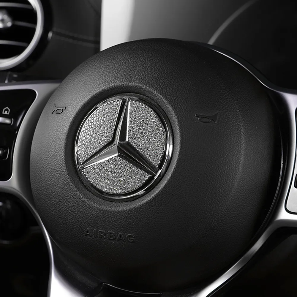 2 Pièces Emblème Volant Mercedes Benz Cristal Bling 45 Mm – Autocollant Luxe Argent & Couleur Pour A B C E CLA GLC Etc.