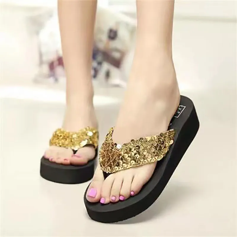 NOKIO Womens Rhinestone Flip Flop Sandals Summer Casual Thong Strap Clip Toe Wedge Heel Platform Slipper Comfortable Slip-on Beach Shoes Cute Women'S Casual Slippers