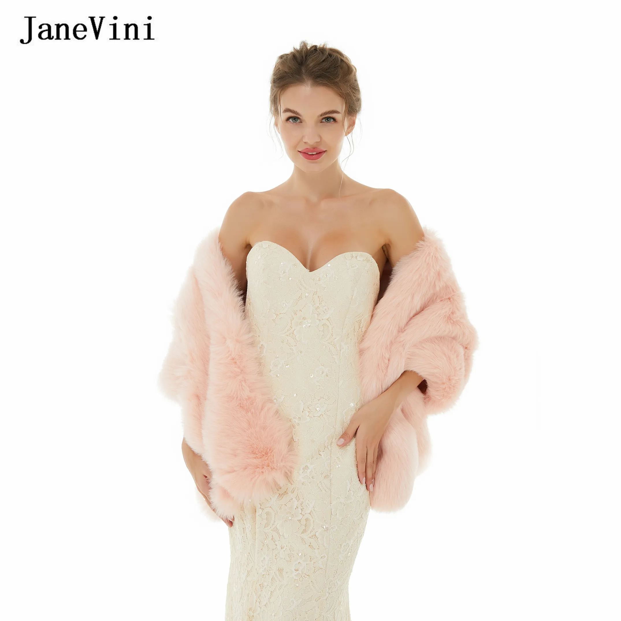 Womens Faux Fur Coat Bridal Fur Jacket, Light Pink Faux Fur Shawl Wrap for  Winter Weddings Evening Events