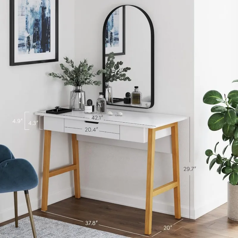 Parker Modern Home Office Desk Small Computer Desk w Drawer Writing Desk for Small Spaces White Brown