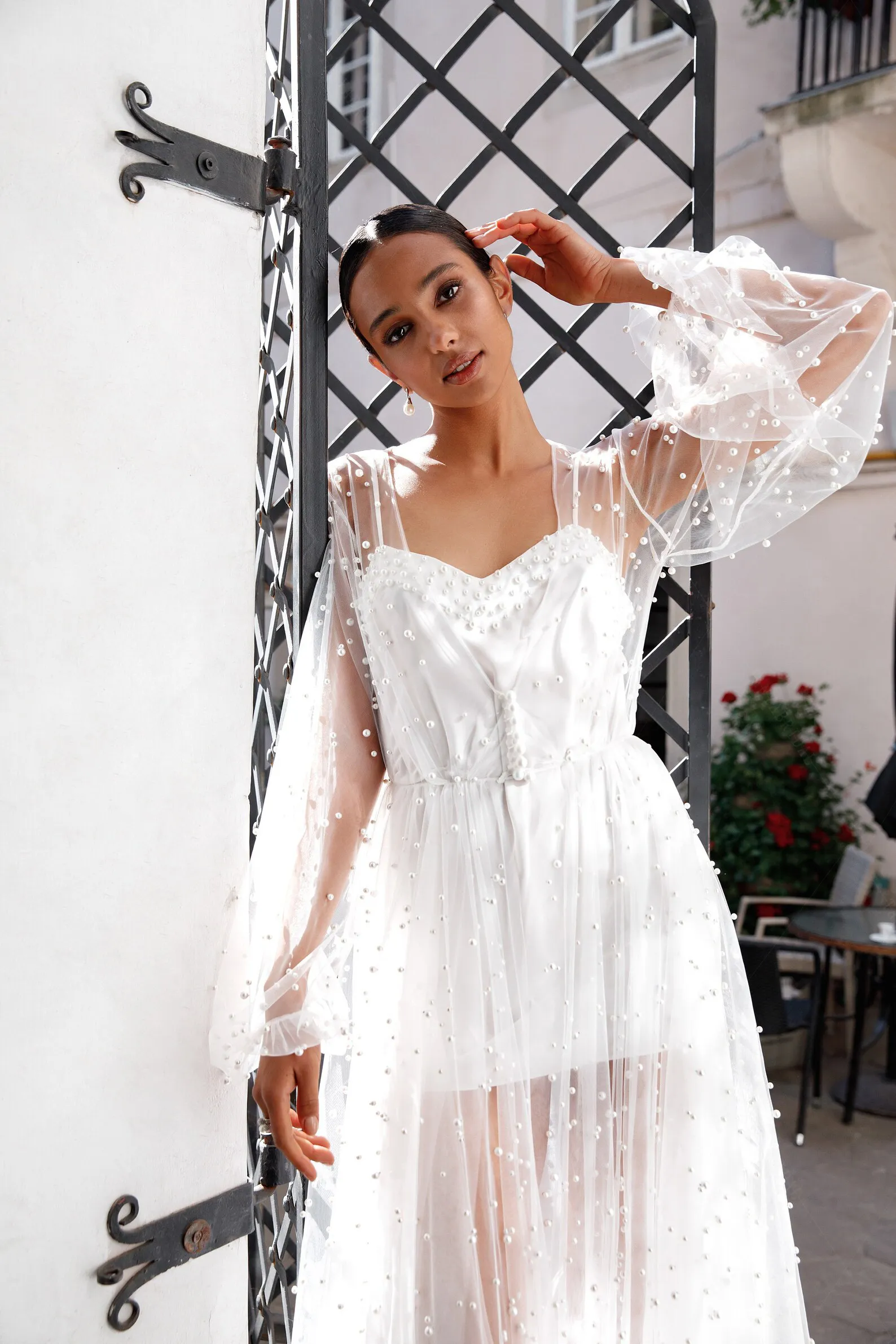 Pearl Sheer Tulle bridal dress with jacket - Long Sleeve
