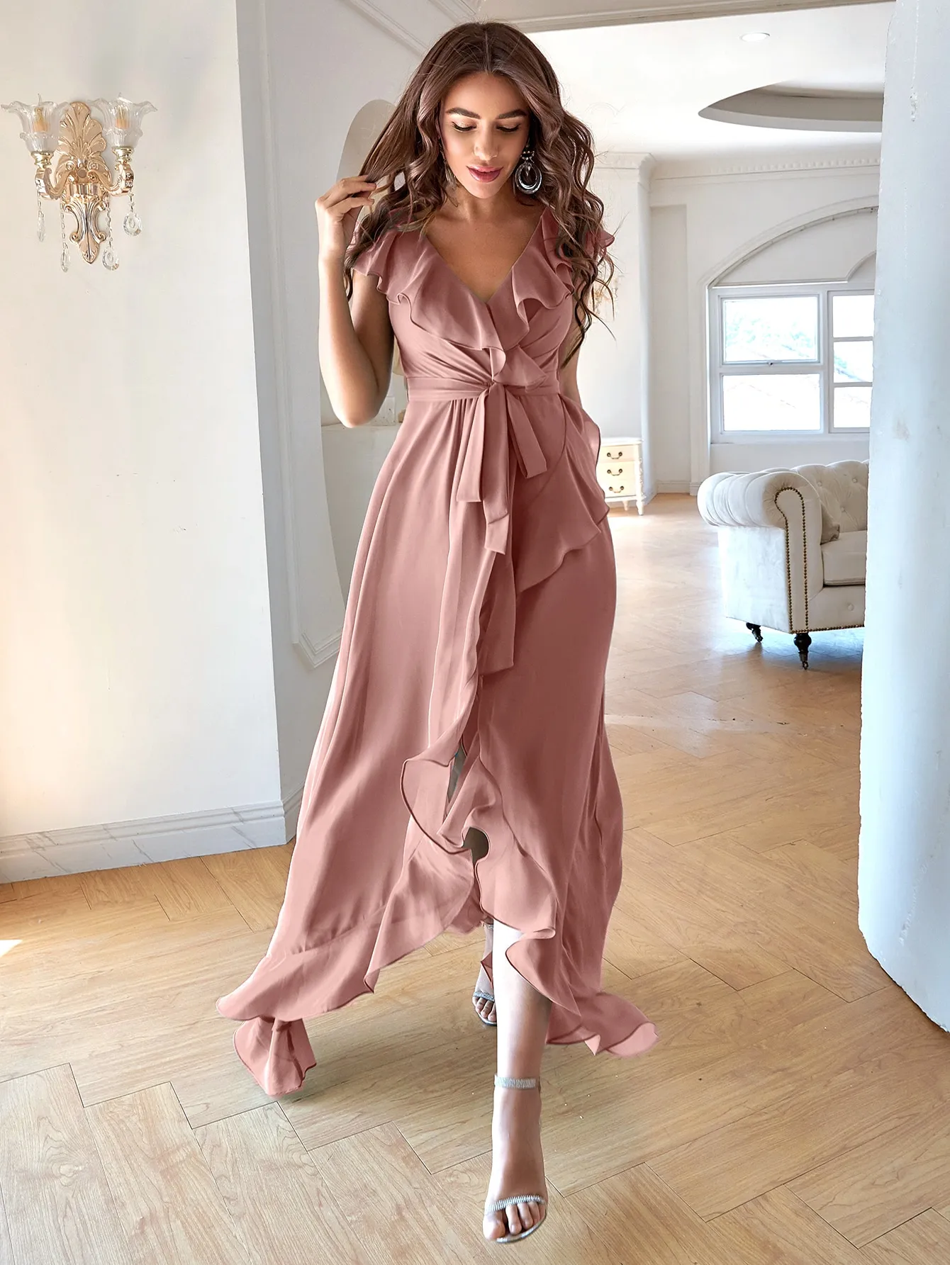 solid ruffle trim tie front asymmetrical dress Zapakasa Women Asymmetrical Black Tie Dress with Ruffles Boat Neck Mermaid  Satin Formal Dress main image 1