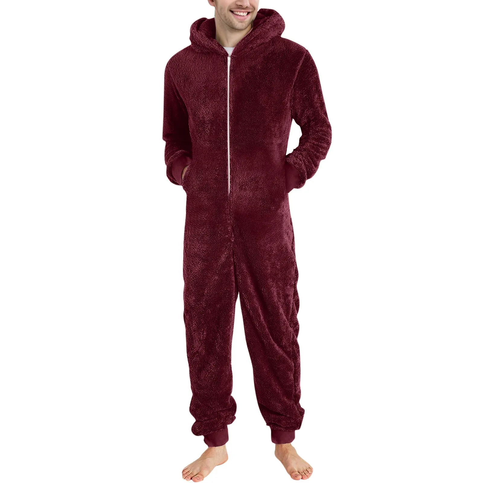 Mens Winter Warm Teddy Fleece Hooded Onesie Pajama Jumpsuit Fluffy Sleep Lounge Wear for Adult Men