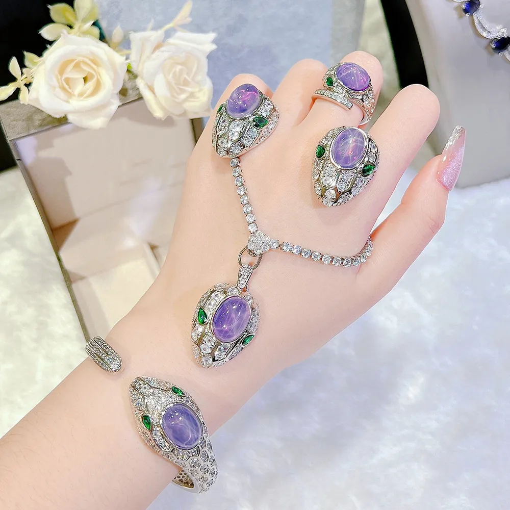 Luxury Silver Amethyst Jewelry Set With Purple Starlight Stone Snake Purple Diamond Necklace Stud Earrings Ring And Bracelet For Women From Ddmymaster 32.85 DHgate.Com