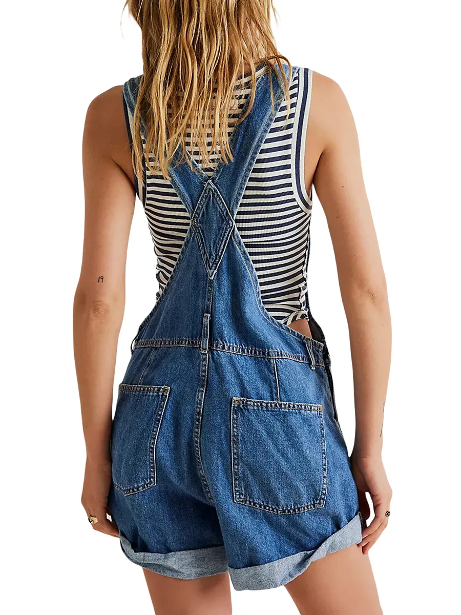 Womens Denim Jumpsuits: Adjustable Strap Denim Shortalls, Baggy