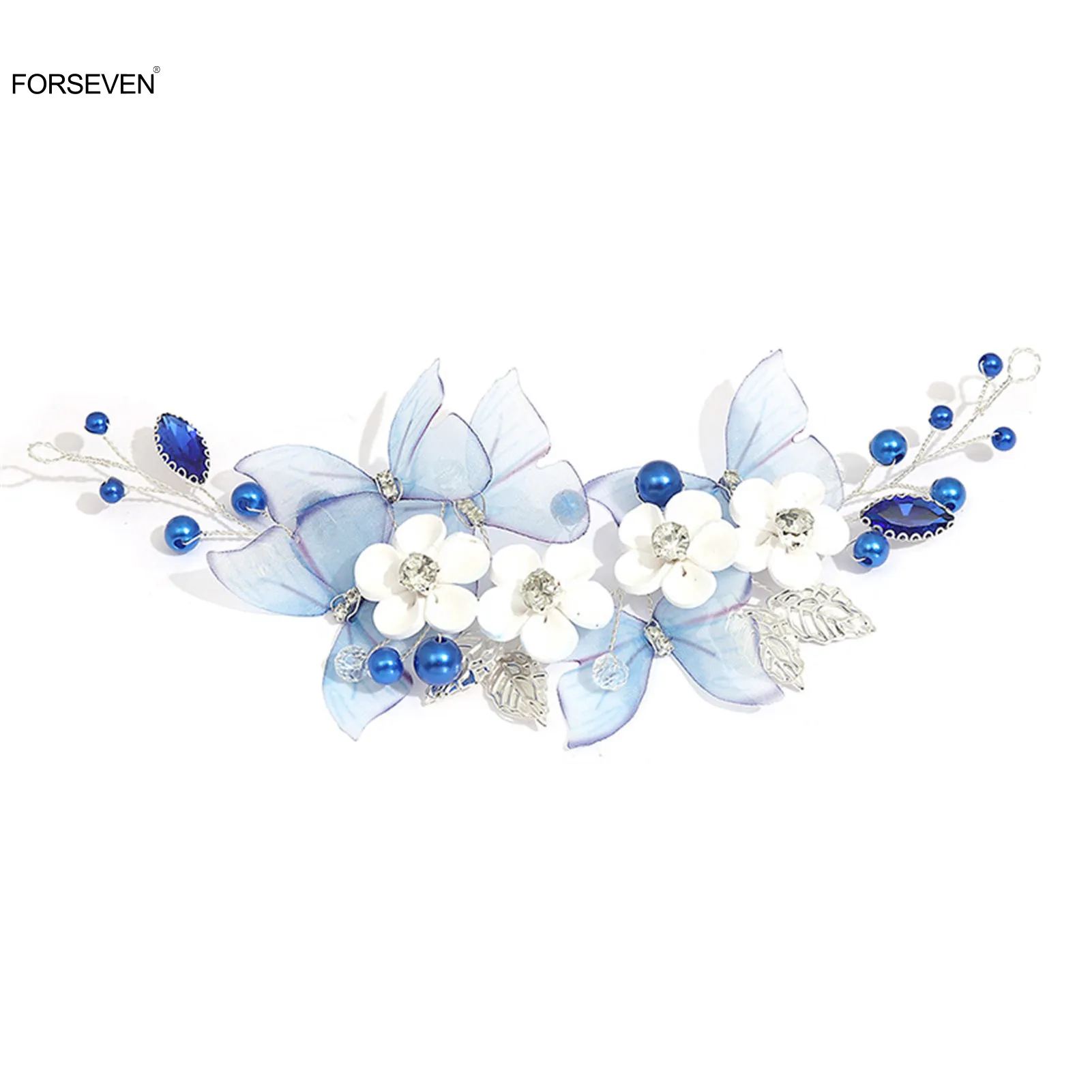 Blue Butterfly Hair Accessories White Flower Pearl 