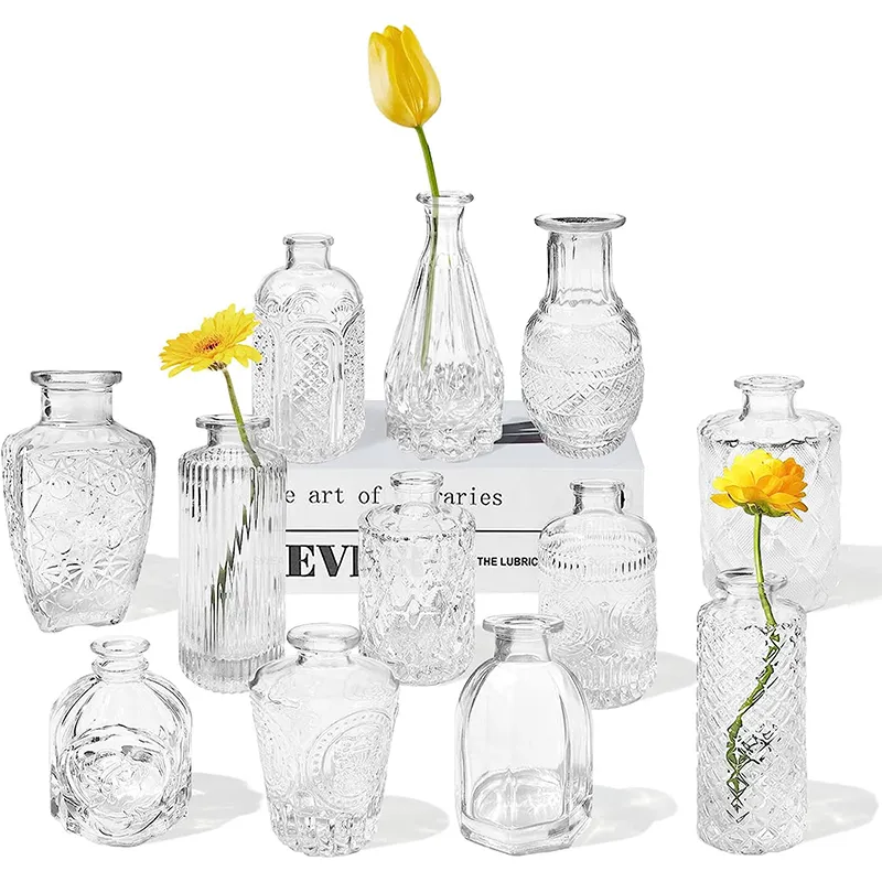 TBWIND Pink Glass Bud Vases Set of 12, Vintage Mini Vases for Centerpieces, Glass Bud Vase in Bulk for Wedding Decor, Single Flowers, Office and Home Table Flower Décor