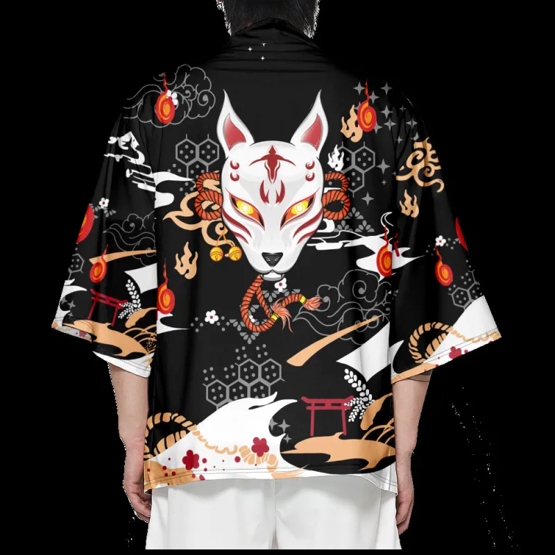 Japanese Yukata Samurai Kimono with cat mask print Cardigan Japanese Yukata Samurai Kimono with cat mask print Cardigan