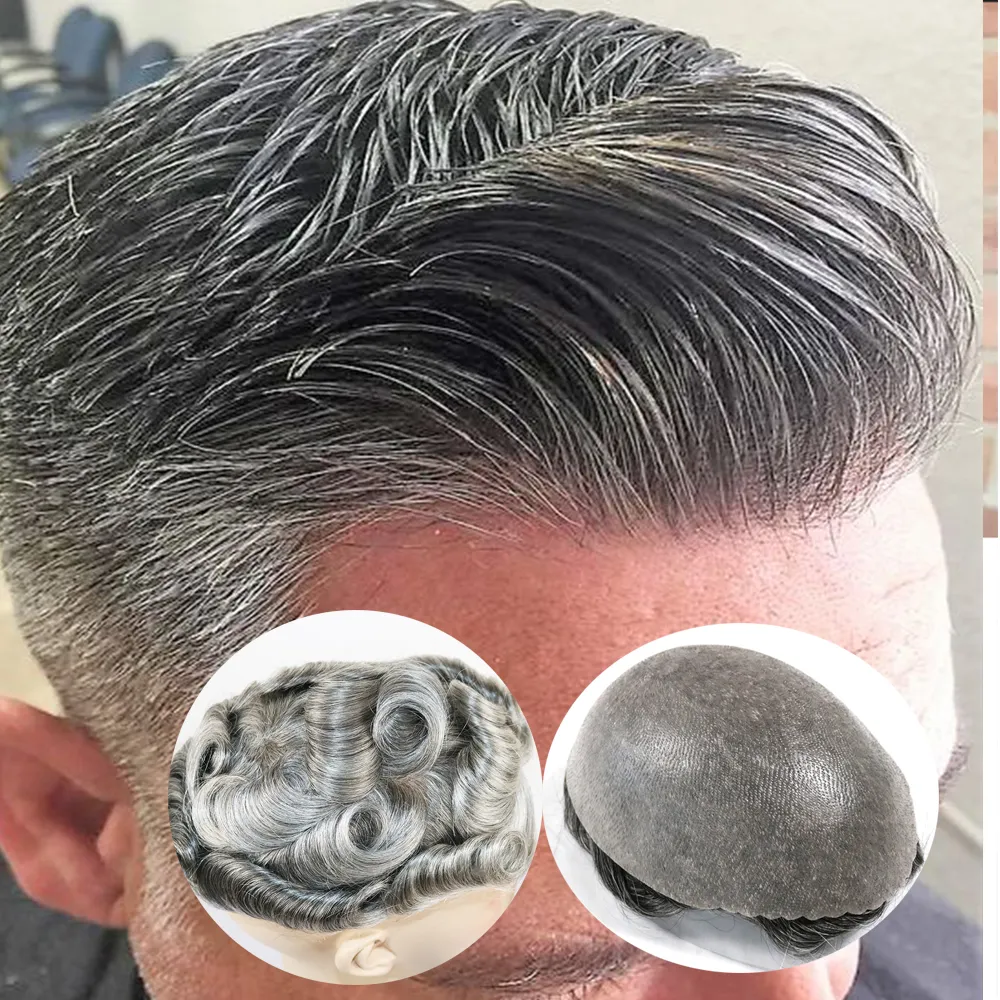 Gray Black Men's Human Hair Topper Wig, 30mm Wavy Hair Replacement System