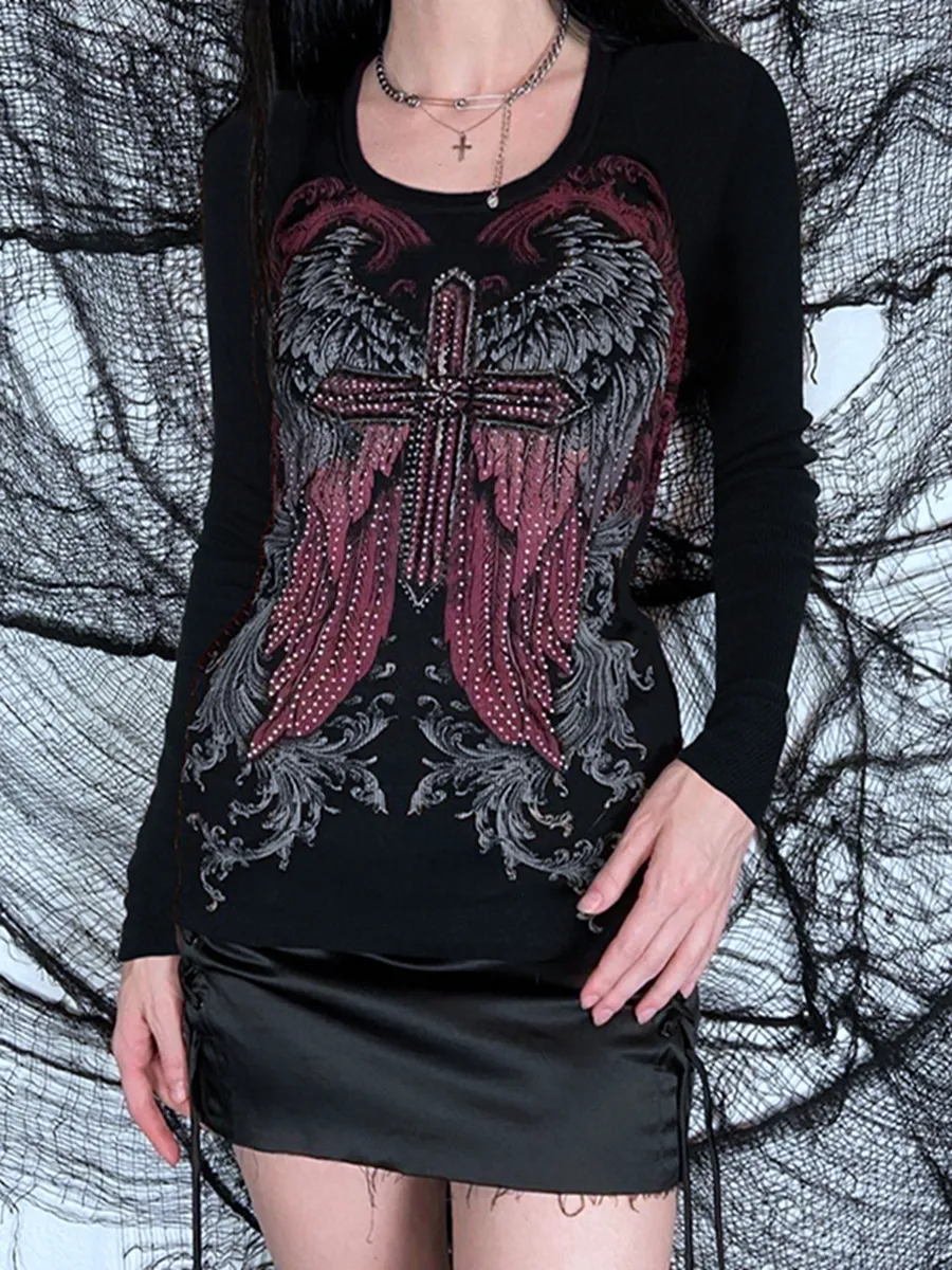 Women s Slim Gothic Tops Y2K Rhinestone Cross Wing Print Long 
