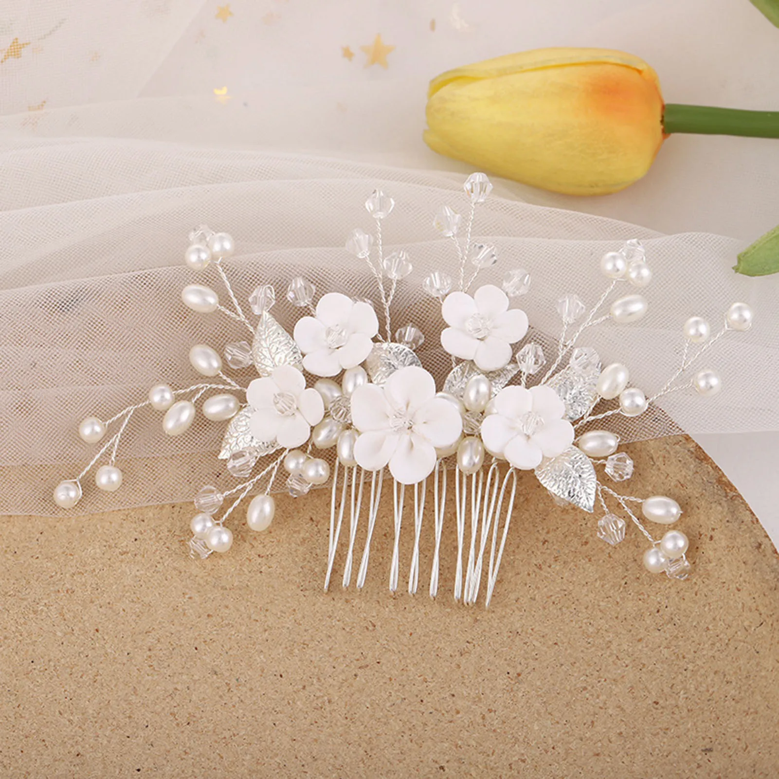 Silk & Lace Cream Beaded Flower Hair Comb Silk organza handmade bridal hair flower comb main image 4