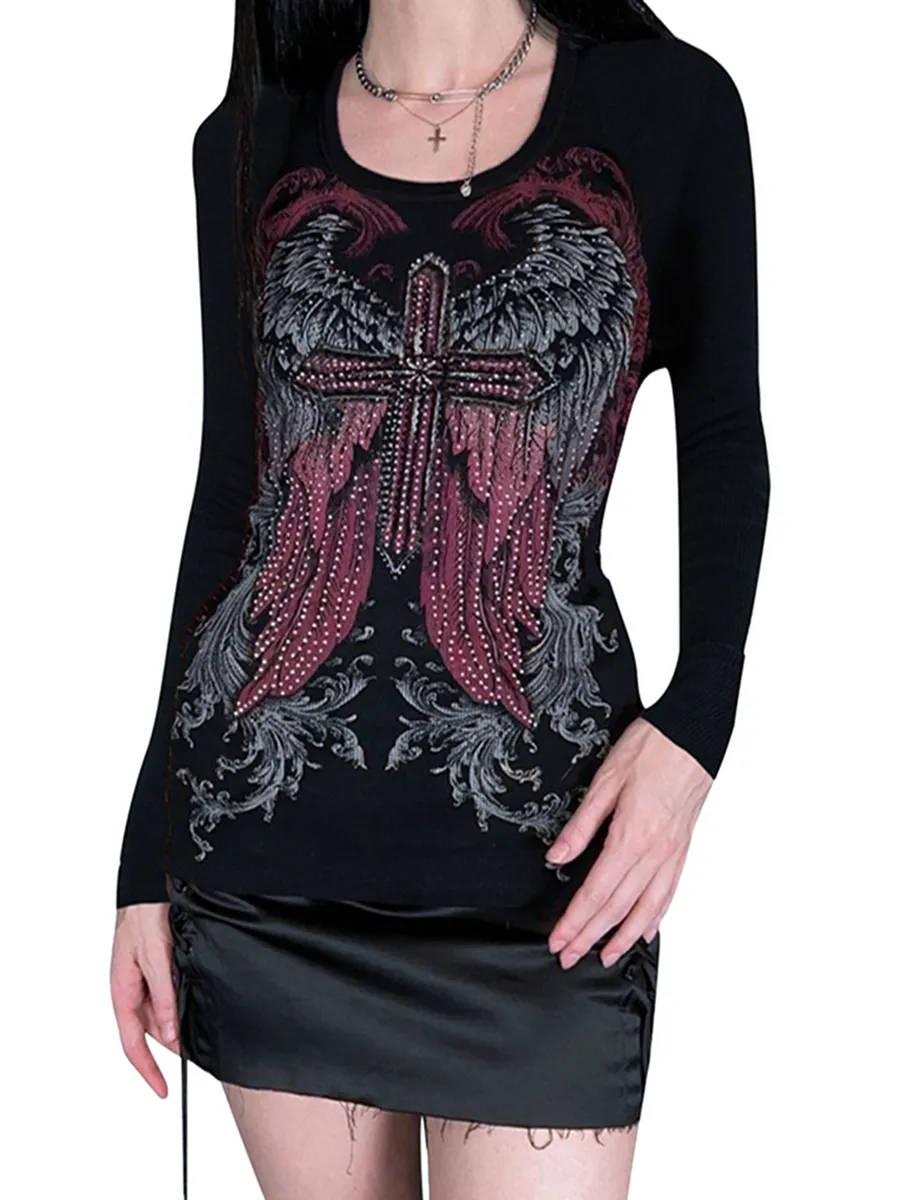 Women s Slim Gothic Tops Y2K Rhinestone Cross Wing Print Long 