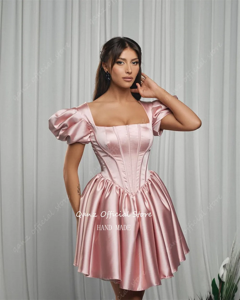 Pink Homecoming Dresses A Line: Short Puff Sleeve Satin Cocktail