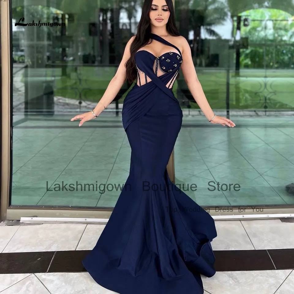 navy dinner dress Navy Blue Satin Spaghetti Straps Long Evening Prom Dresses, Custom Pro –  BubbleGowns main image 0