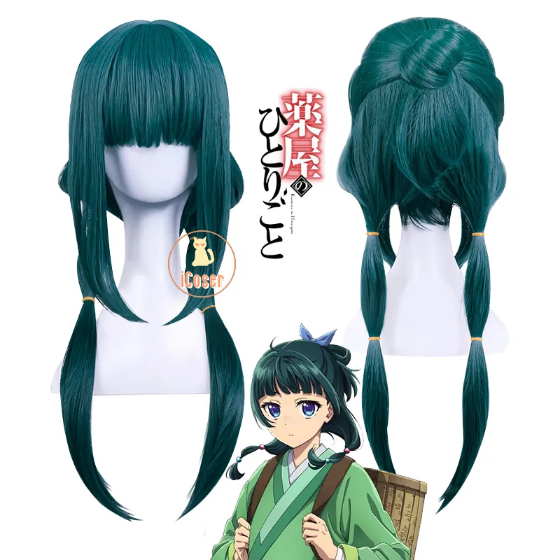 Anime Maomao Cosplay Wig Dark Green Long Hair with Blue Bow Hairpin for Women