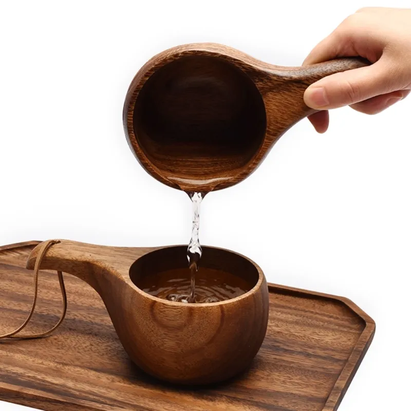 Finland Kuksa Tea Cup with Straw: Acacia Wood Handle, Cowhide Rope Hook ...