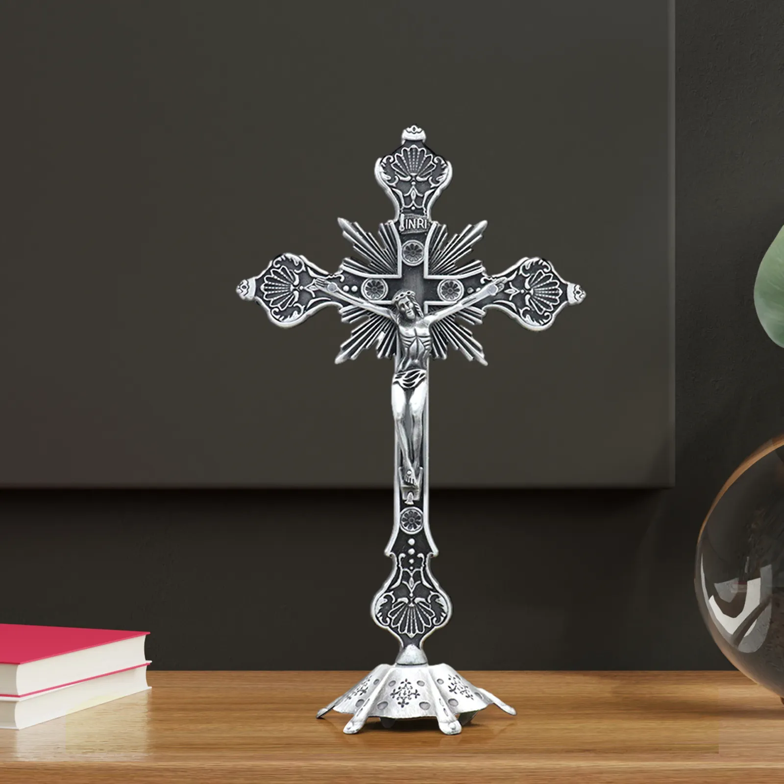 Jesus Christ On Cross Statue – Silver Crucifix Home Decor For Tabletop Or Shelf - View #4