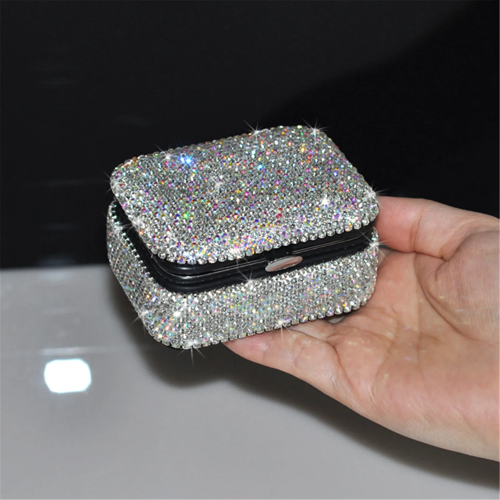 Rhinestones Luxury Small Alloy Jewelry Box With Mirror for Earring 
