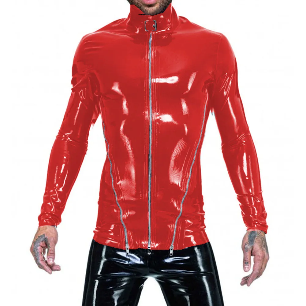 Save Big on Bulk Long Sleeve Punk Shirts Mens Club Clothing Front Zip High  Neck Jacket, Plus Size Nightclub Clothes, Long Sleeve Faux Latex Slim Fit 