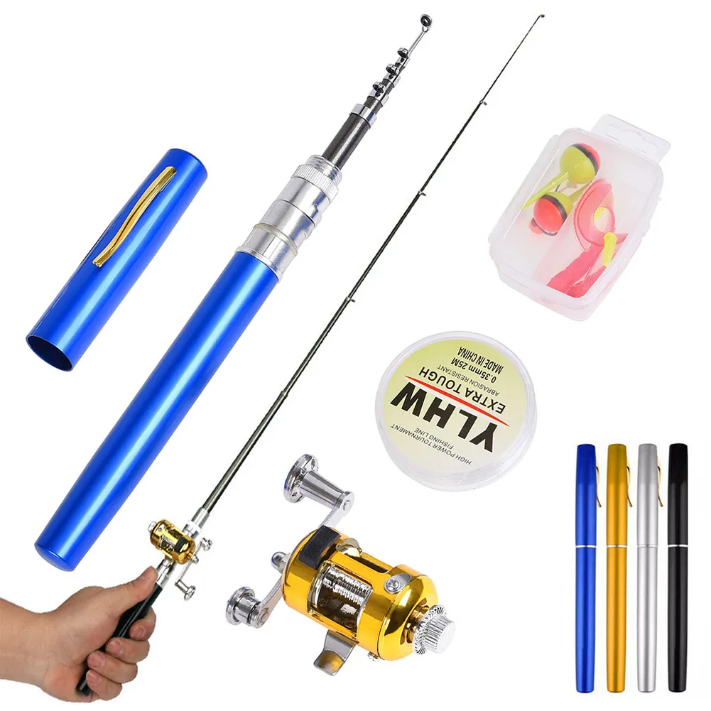 fish everywhere pocket pen style fishing rod and reel kit Mini Telescopic Portable Reel+Nylon Line set 40 yards/6 pounds line capacity. Pen Fishing Rod Reel Combo