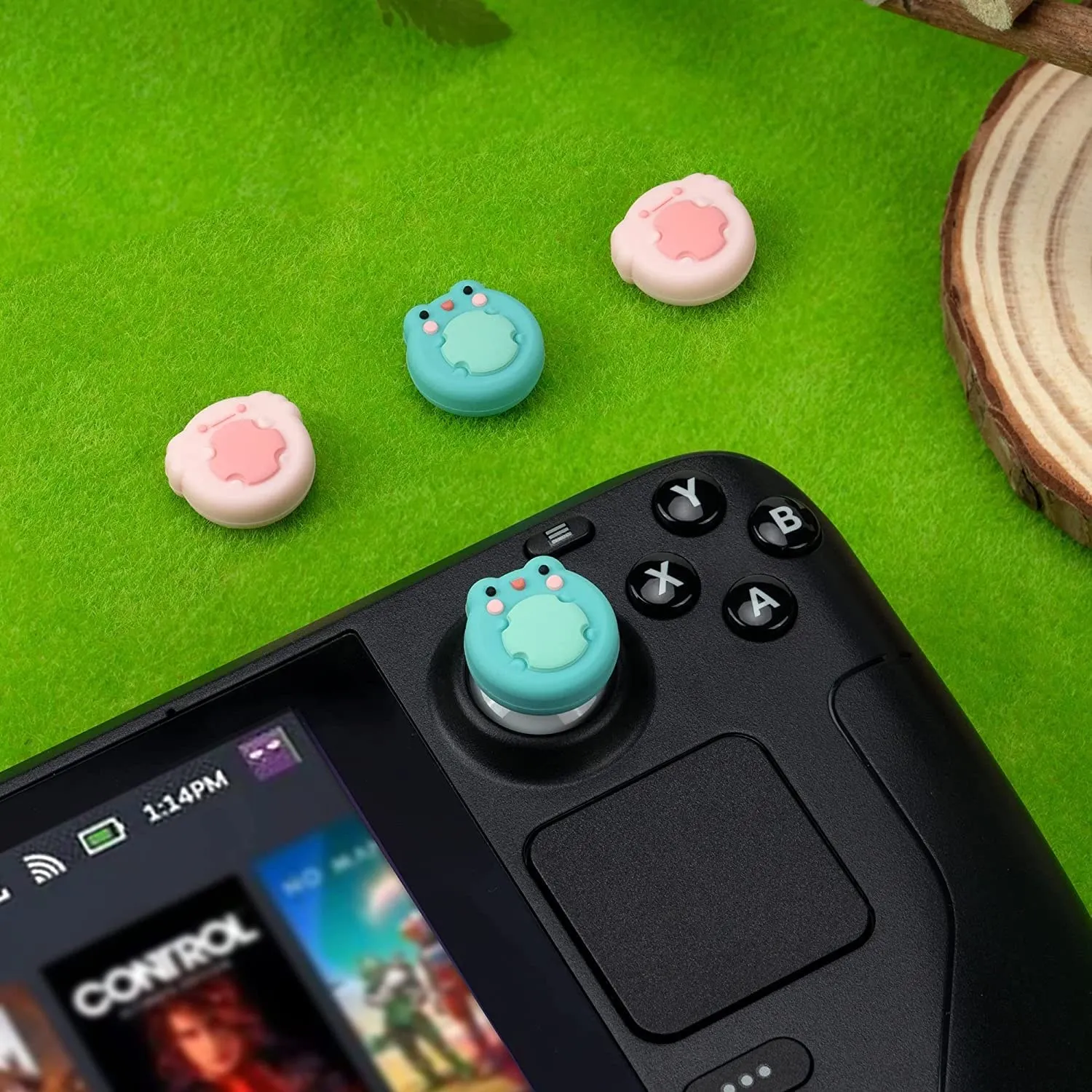 thumbnail interactive-video image 1 of GeekShare SD Thumb Grip Caps For Steam Deck - Soft Silicone 4-Pack - Pink 1 of 2