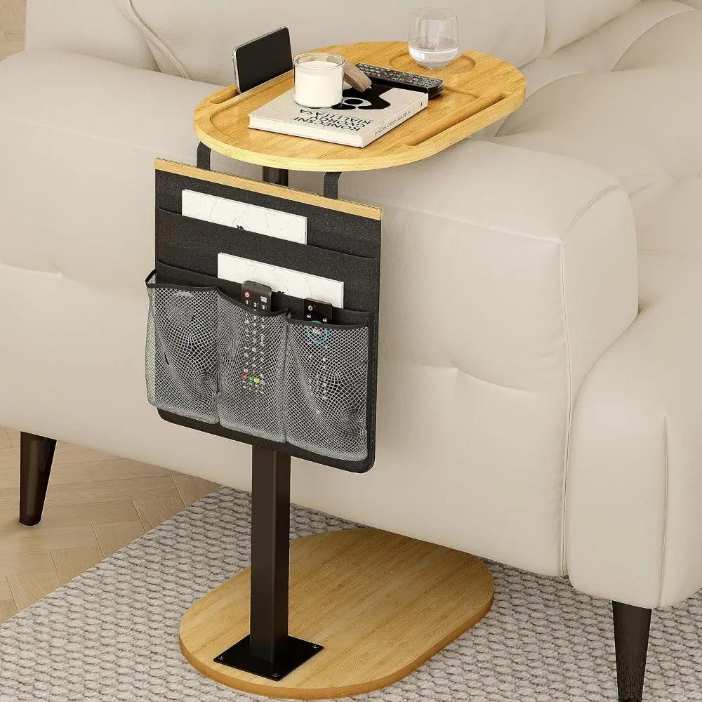 Bamboo Couch Side Table Adjustable Height Sofa Tray Table with Storage Pocket Liftable Laptop Table Over Armrest