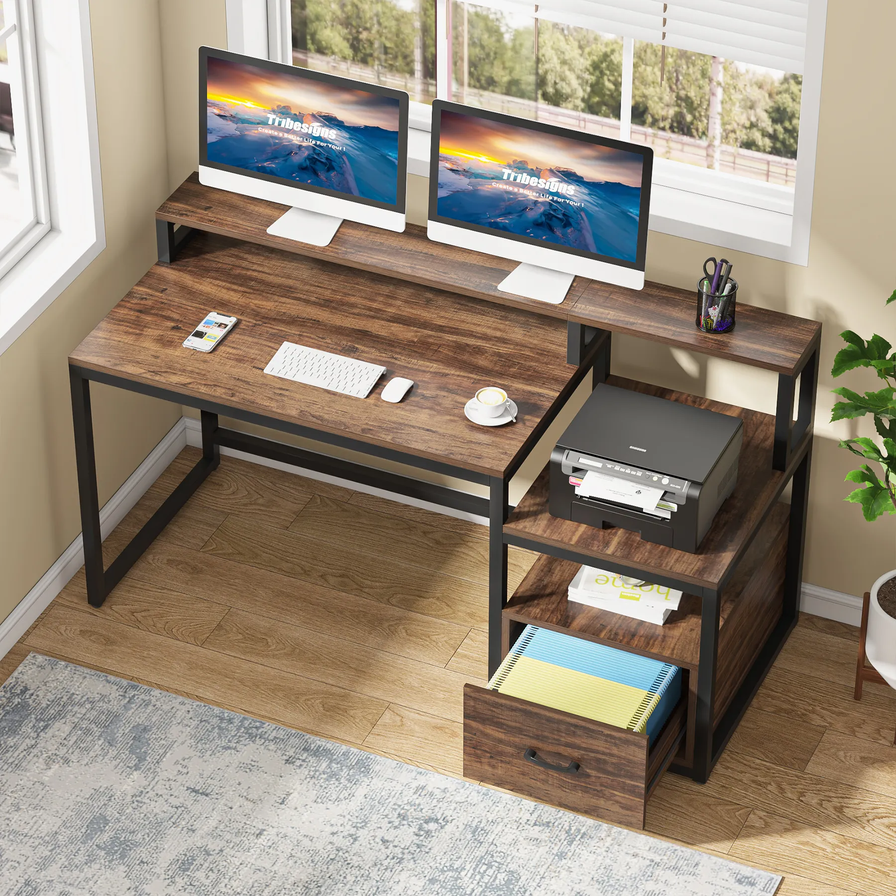 File Holder Desk, Tribesigns 60 Computer Desk With Office Desk And ...