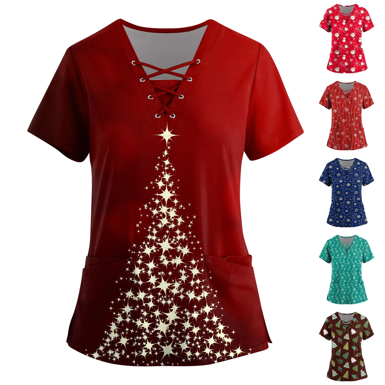 Plus Size Nursing Scrubs: Christmas V Neck Scrub Top, Womens S 5XL