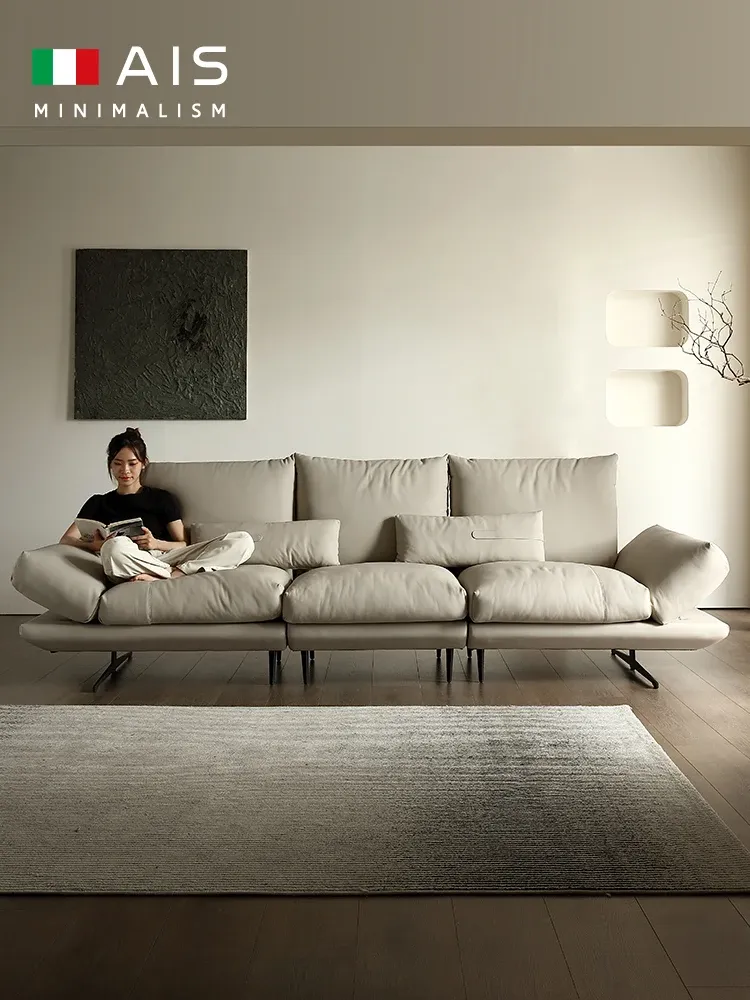 Tofu Block Leather Sofa Straight Row Living Room High Backrest