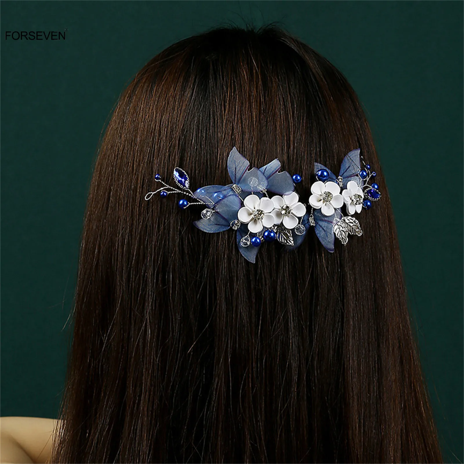 Blue and White Accessories Collection with Floral Headband and Pearl Necklace Blue Butterfly Hair Accessories White Flower Pearl  main image 4