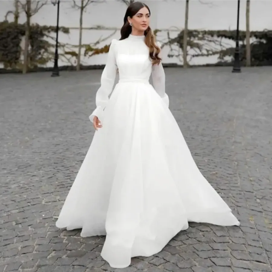 chinese dress ladies BABARONI Satin Ivory Wedding Dresses A-line Deep V-Neck Long Sleeve Lace  Sash Sweep Train