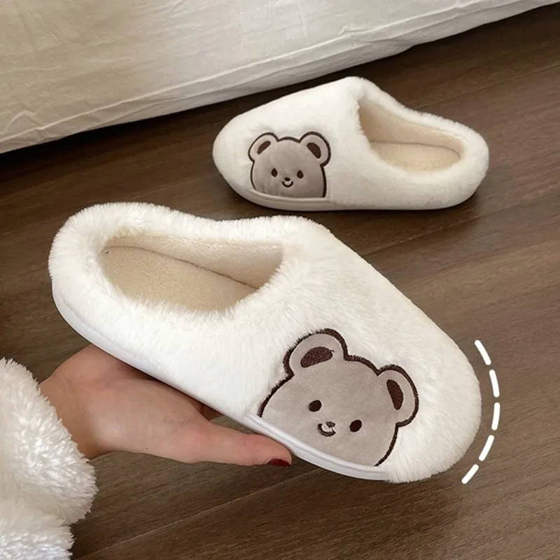 Winter Cartoon Bear Slippers Women Men Fashion Cute Fluffy