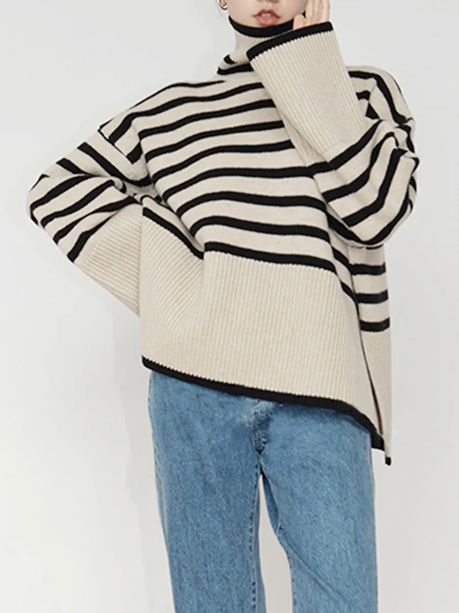 DHgate.com:Turtleneck Striped Sweater for Women - Loose Side