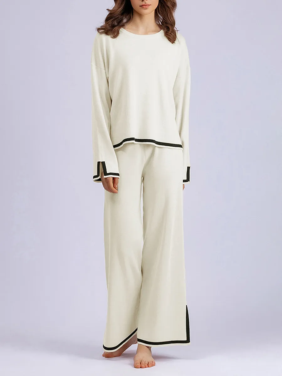 Color Block Two-Piece Knitted Loungewear Set: Long Sleeve Top and Wide Leg  Pants